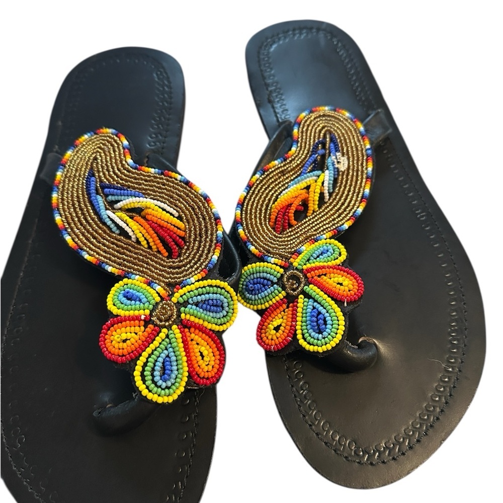 NWOT African Leather Masai Handbead Beach Boho Sandals Size 8.5 - Picture 5 of 6